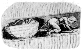A young drawer pulling a coal tub along a mine gallery.