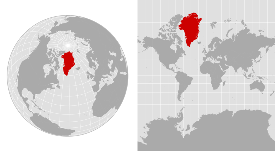The left map shows an orthographic projection, emulating a globe. The right map is a Mercator projection, which exaggerates the sizes of landmasses, including Greenland. Alyson Hurt / NPR